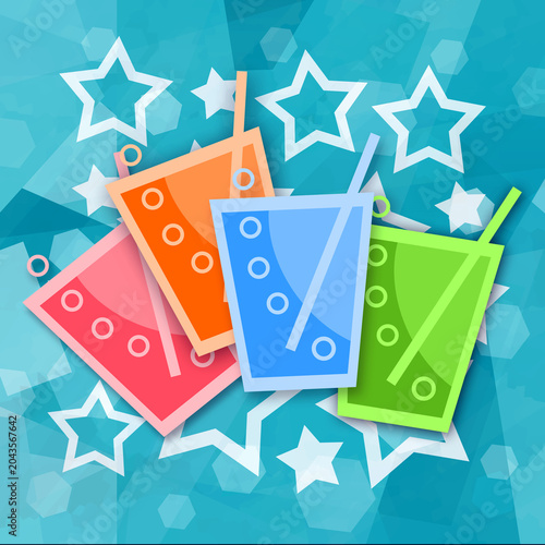 Carbonated drinks with bubbles and straws on a starry background