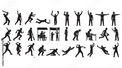 Fotografie Professional Cricket Player and Umpire Action Silhouette Set