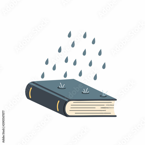 Illustrated book cover with rain droplets and water splashes on the surface