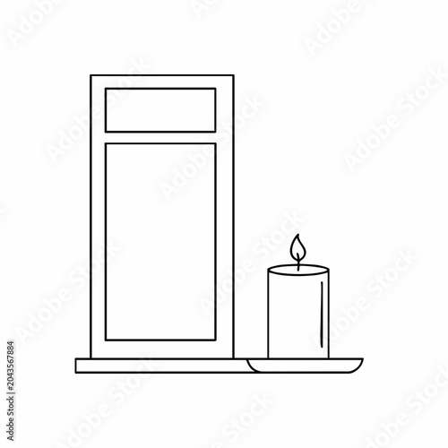Minimalist Window and Candle Illustration with Soft Flame and Simple Lines