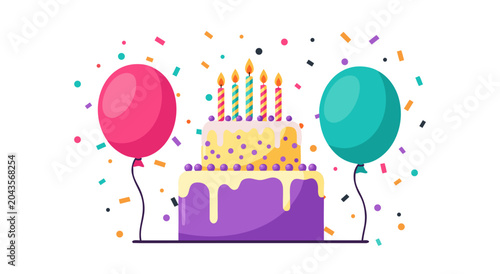 Schilderij op canvas Birthday Party Vector Illustration with Cake and Balloons for Celebration Event
