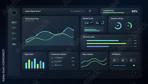 Capital Signal Board Finance Dashboard UI Vector. Dark finance dashboard UI with capital signal board, liquidity pulse, performance flow, market cards, exposure rings, revenue lanes. Vector