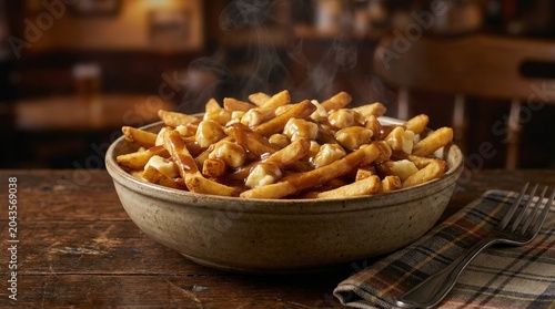 A close-up, eye-level shot of a steaming bowl of poutine, featuring crispy golden french fries topped with fresh cheese curds and savory brown gravy