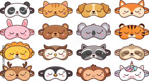 Photography Cute animal sleeping masks collection with funny faces, cartoon blindfold eyewea