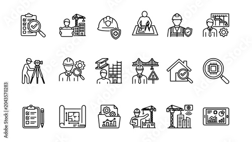 Engineer Inspector Icon Pack of 18 Thin Line Vector Icons on PNG Background, engineer inspector, engineer icon, inspector icon, construction engineer, site supervisor, quality inspector, safety, 