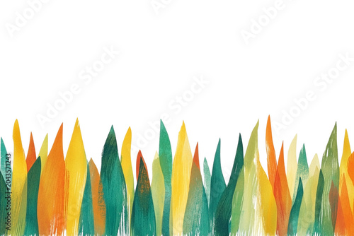 Abstract colorful leaves border, hand drawn pencil sketch illustration on transparent background