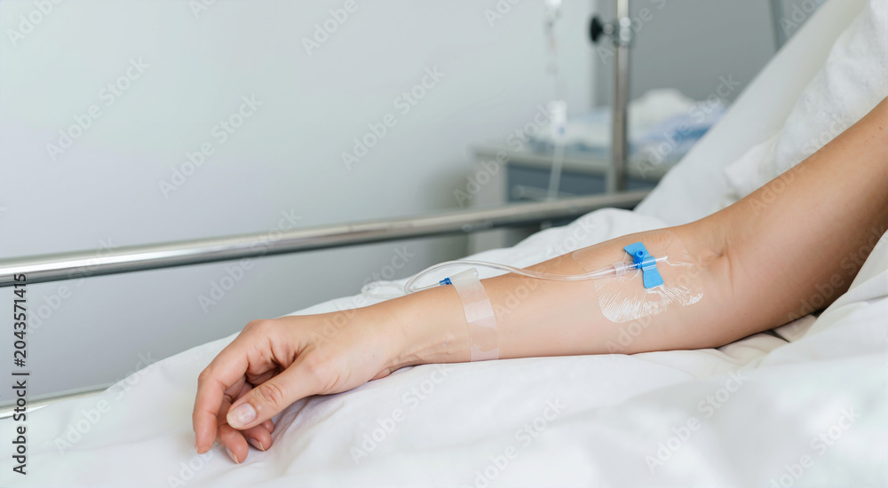 Fototapeta premium Patient arm with IV cannula resting on hospital bed. Intravenous fluid drip therapy and medical treatment in clinic
