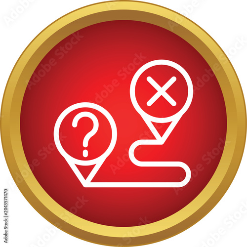 Route path connecting question mark and red x map pins against a red background