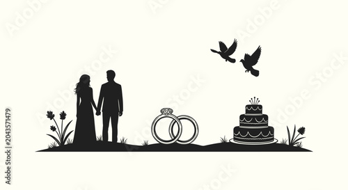Slika na platnu Romantic Wedding Silhouette with Bride and Groom Holding Hands Rings Cake and Fl