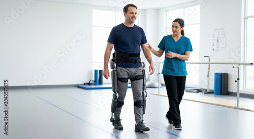 Patient using a medical exoskeleton for rehabilitation. Physical therapy with a therapist