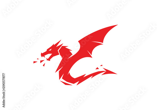 Εκτύπωση καμβά Minimalist red dragon logo breathing fire on white background