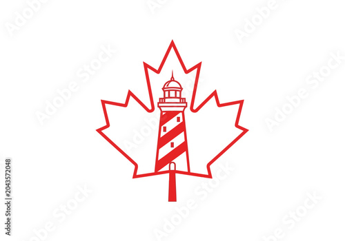 Bild auf Leinwand Minimalist red lighthouse and maple leaf icon on white