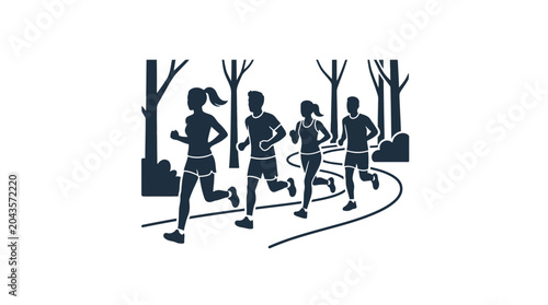 Obraz na plátně A group of four people running together on a path in a park.
