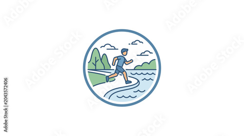 Foto A stylized illustration of a person running along a scenic waterfront path