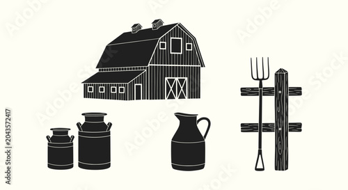 Foto Set of agriculture farm icons with barn milk cans jug pitchfork and fence silhouette illustrations