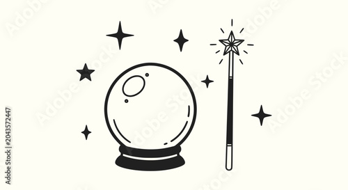Bild auf Leinwand Minimalist Black and White Magic Crystal Ball and Wand Illustration with Sparkli
