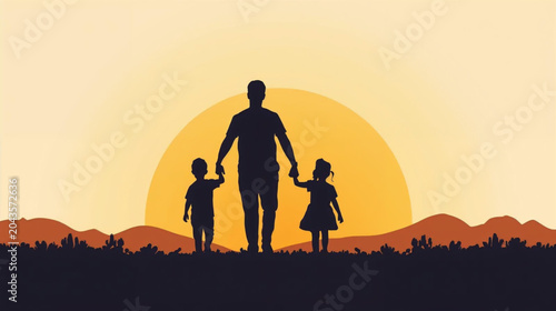 silhouette of a dad with son and daughter in sunset
