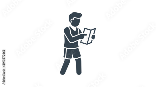 Bild auf Leinwand A stylized icon of a person in athletic wear reading a map or guidebook