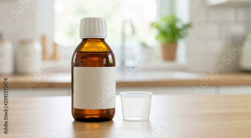 Bottle of cough syrup with blank label and measuring cup on kitchen counter. Medicine for cold and flu treatment. Copy space