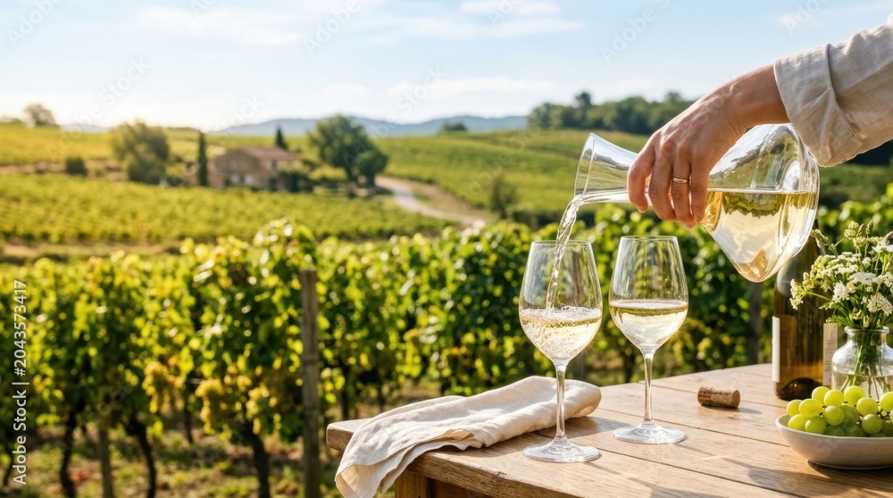Fototapeta premium Pouring white wine into a glass at a vineyard during golden hour