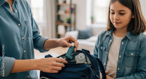 Parent prepares child inhaler spacer before school, showing preventive child health, asthma routine, respiratory care and responsible family support at home.