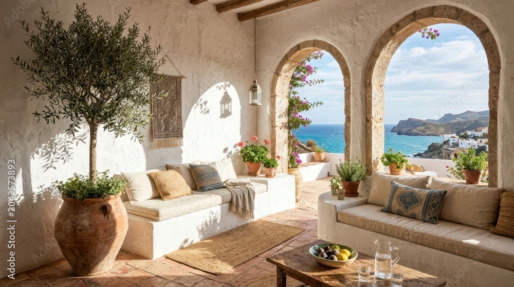Fototapeta premium Mediterranean terrace with sea view and olive tree