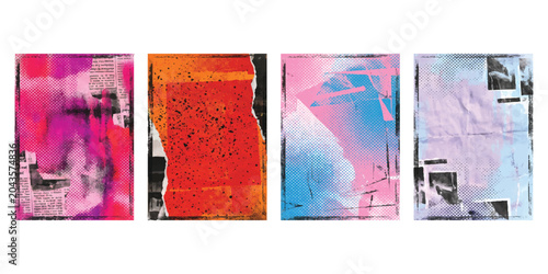 Obraz na plátne Set of four colorful abstract art posters with torn paper texture and vintage co