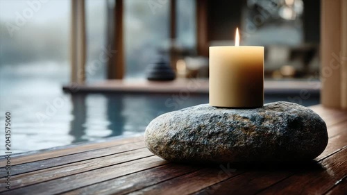 A lit candle sits atop a stone, by a pool. Reflections, and wooden surfaces are present