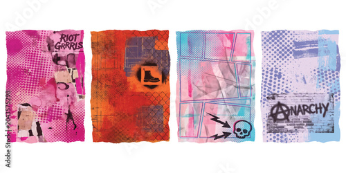Set of four colorful punk rock paper collage textures with grunge elements and anarchy symbols for art design