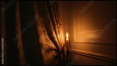 A lit candle casts warm light on ornate curtains, illuminating wall paneling