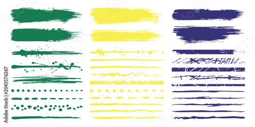 Set of colorful paint brush strokes and ink lines in green yellow and blue artistic hand drawn vector elements