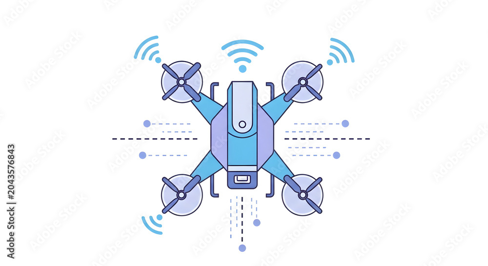 Fototapeta premium Stylized illustration of a modern quadcopter drone with active wireless signal indicators and data flow elements.