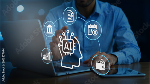AI engineering. Development and integration of artificial intelligence into business systems. Engineer building AI pipelines on laptop computer.
