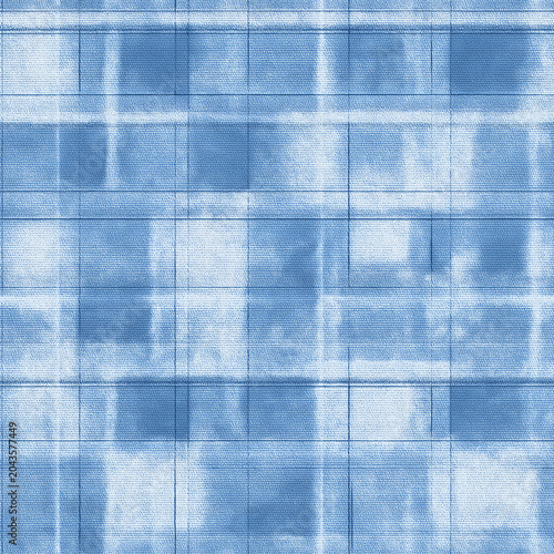 Seamless blue watercolor plaid pattern with soft washed square grid texture and layered horizontal vertical brush lines