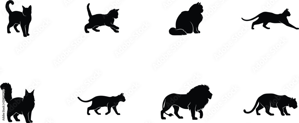 Fototapeta premium Cat and Big Cat Silhouette Vector Set Featuring Domestic Feline, Lion and Panther Animal Poses