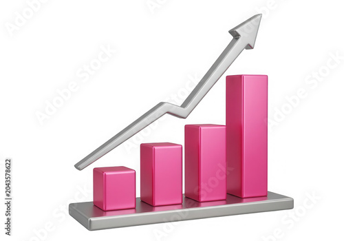 Growing business graph with pink bars and silver arrow showing progress.