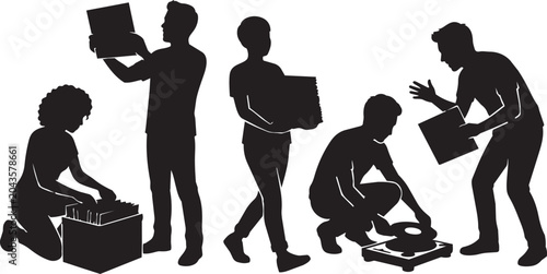 Moving, people, silhouettes, icons, packing, boxes, moving day, relocation, vector graphics