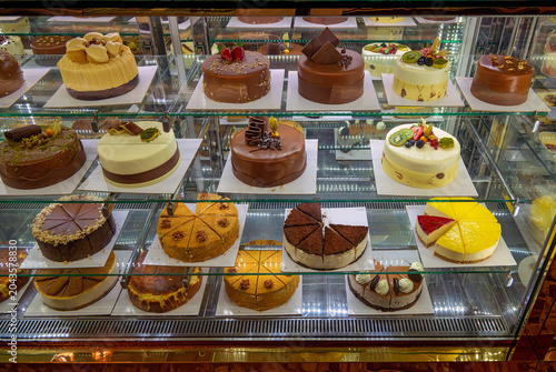 Various cakes in the display case of a pastry shop in Famagusta on Cyprus