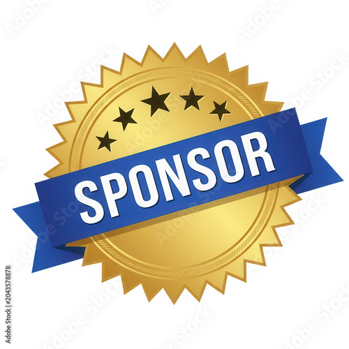 Premium gold sponsor award seal with blue ribbon isolated on transparent background.