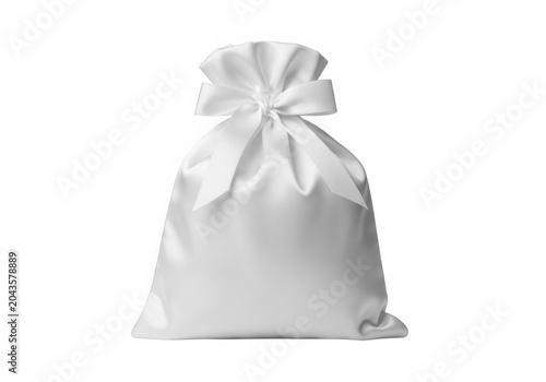 Elegant white fabric gift bag tied with silk ribbon on neutral transparent surface.