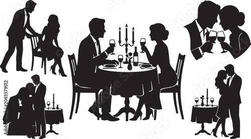 Dinner date, romantic restaurant, couple silhouettes, black icons, vector illustrations
