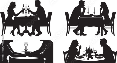 Dining, restaurant, couple silhouettes, romantic dinner icons, black vector illustrations