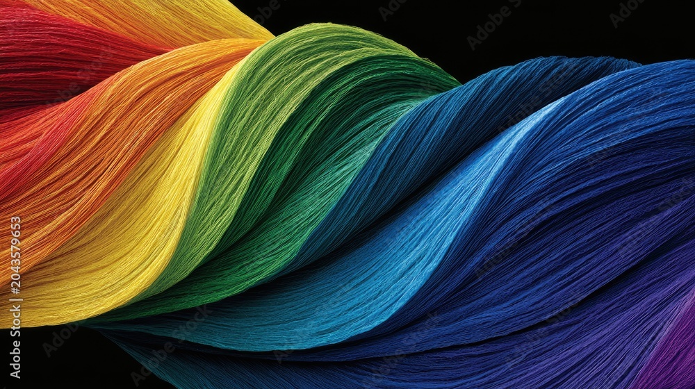 Naklejka premium Vibrant rainbow strands twist and flow against a dark background