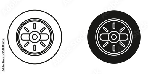 Classic car wheel icon in black and white outline against simple backgrounds