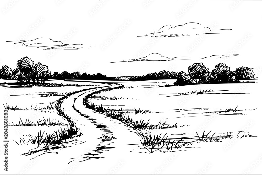 Obraz premium Winding path in rural landscape sketch black