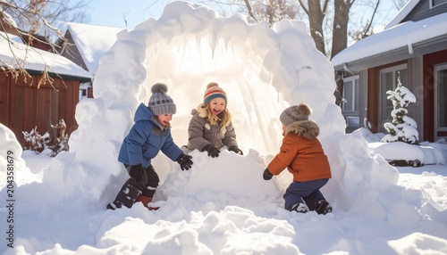 Children Building a Snow Fort on a Sunny Winter Day.