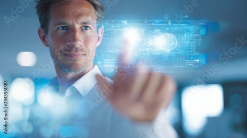 Business professional using touch screen interface in modern office with digital display and blue light, focused male executive in white shirt interacting with futuristic technology
