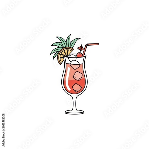 Colorful cocktail with umbrella and straw.