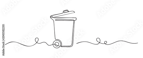 Continuous line art vector illustration of a trash can with wheels for environmental waste management concept, minimalist outline drawing of a rubbish bin on white background
