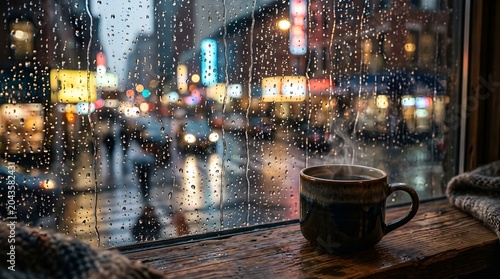 Rainy city street view from cozy coffee shop window